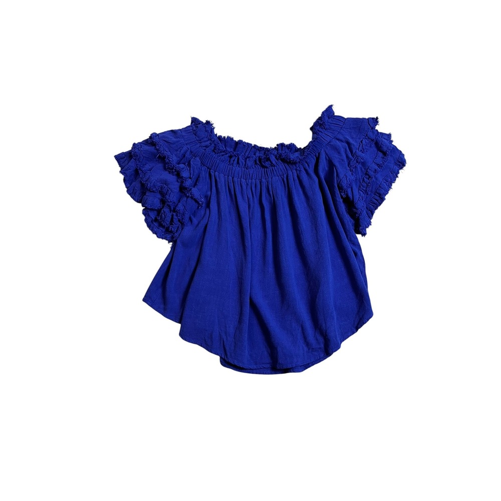 Umgee Royal Blue Linen Blend Ruffle Flutter Sleeve Boho Peasant Top Medium C2284 - Picture 2 of 9